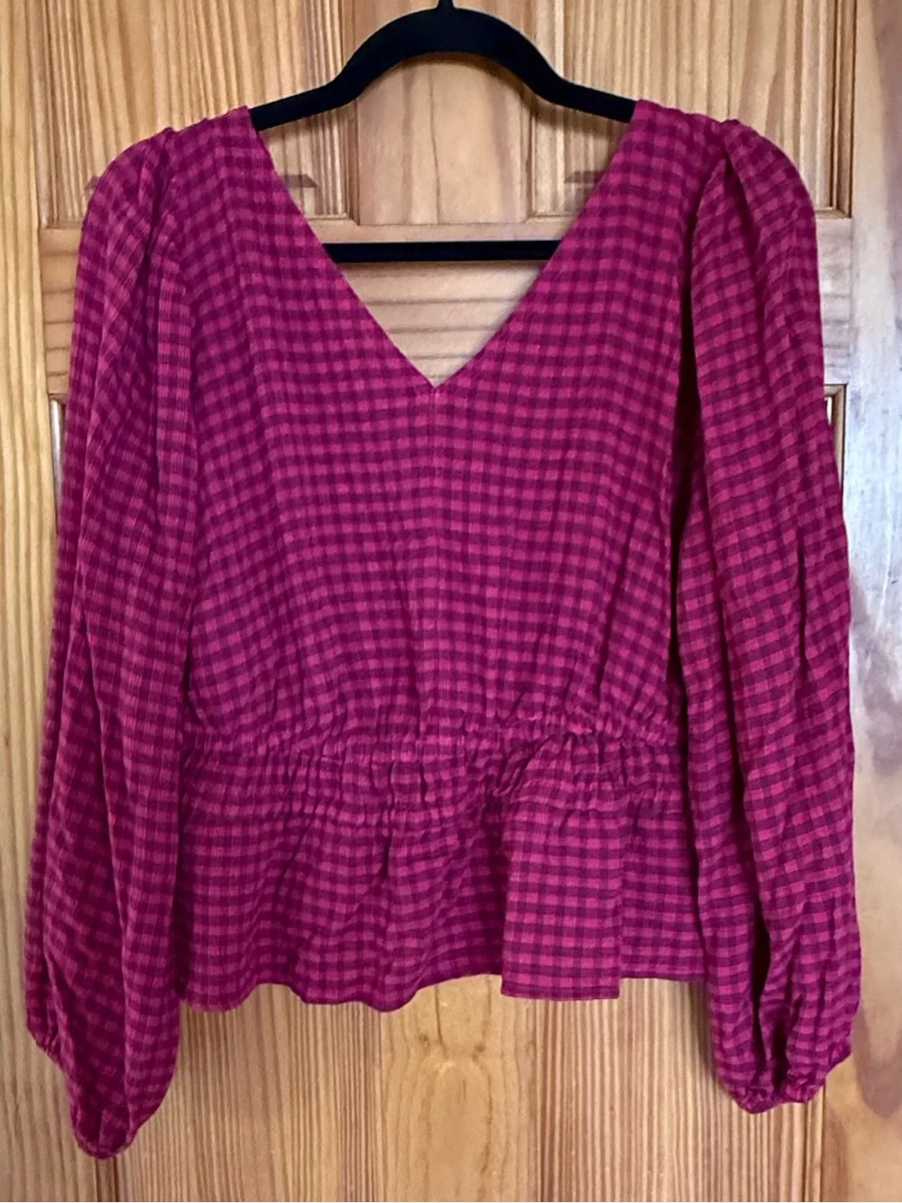 Madewell Red Plaid Drawstring Peplum V-Neck Blouse, Size Large
